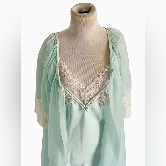 Vintage La Notte Green Chiffon Peignoir Lingerie Slip Dress Robe Set Lace Small - Picture 1 of 15